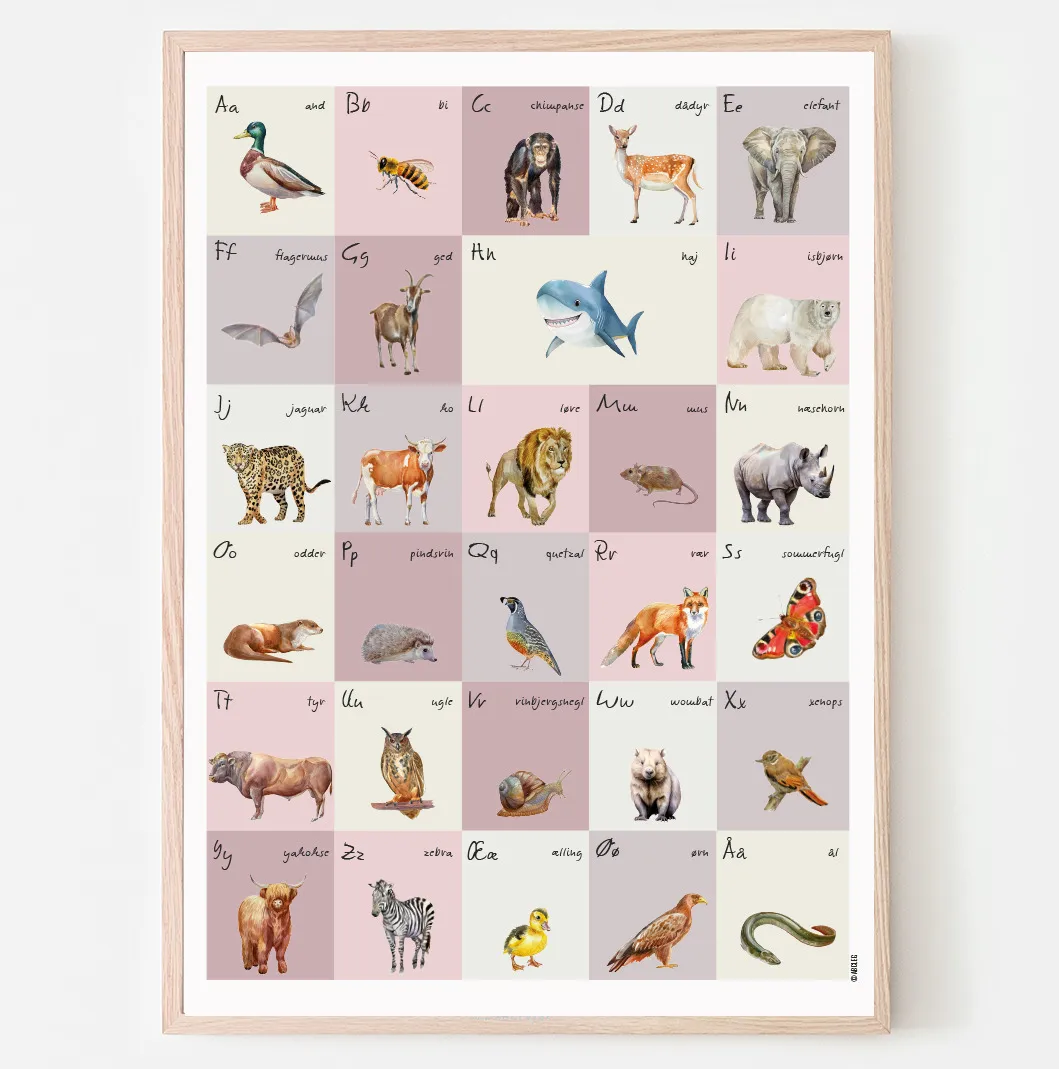 Abcleg Plakat - ABC plakat med dyr Rosa plrosadyr