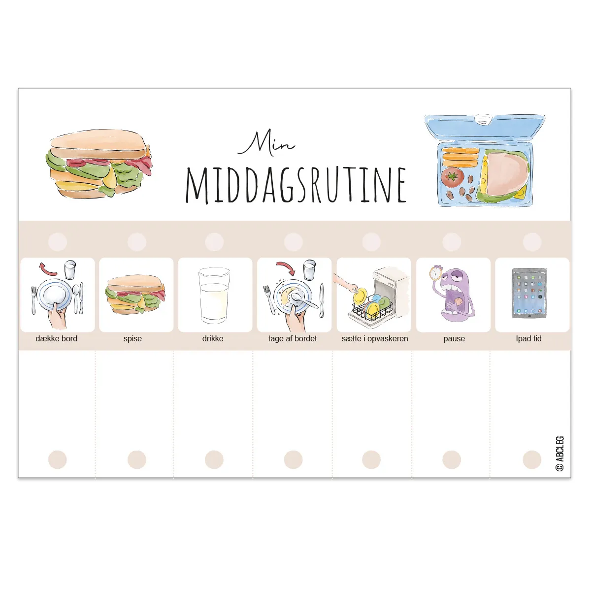 Tjekliste Middagsrutine – Udfyldt med piktogrammer 99-tjekmid