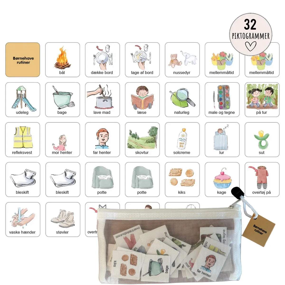 Piktogrammer til tjeklister 4 x 4 cm - Institution 32 stk. 99-pikt3x3børne